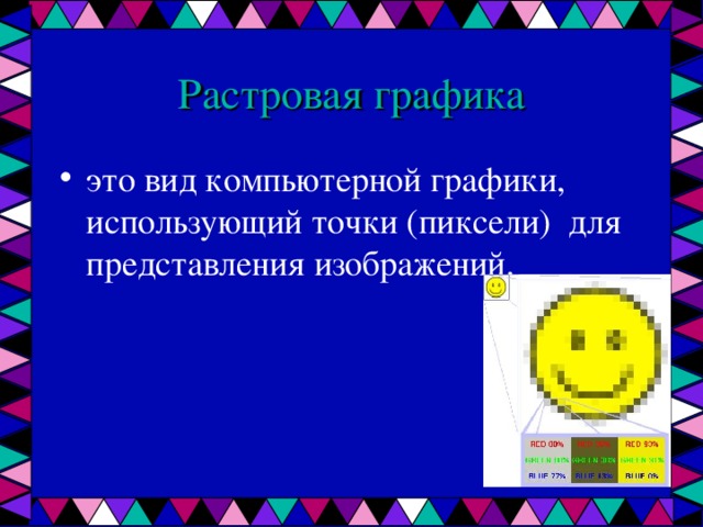 Растровая графика это вид компьютерной графики, использующий точки (пиксели) для представления изображений. 