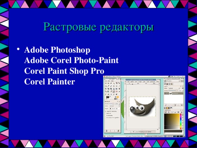 Растровые редакторы Adobe Photoshop  Adobe Corel Photo-Paint  Corel Paint Shop Pro  Corel Painter 