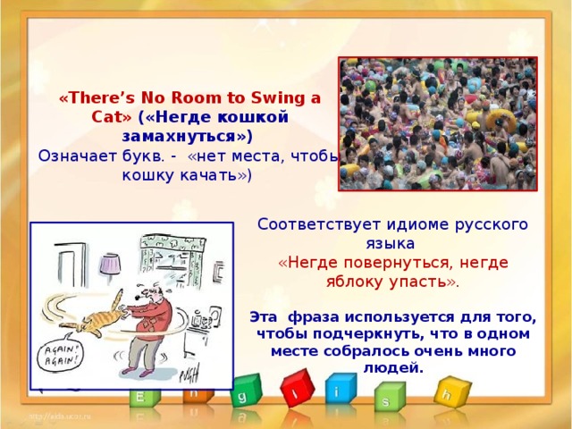 «There’s No Room to Swing a Cat» («Негде кошкой замахнуться»)  Означает букв. -  «нет места, чтобы кошку качать») Соответствует идиоме русского языка  «Негде повернуться, негде яблоку упасть». Эта фраза используется для того, чтобы подчеркнуть, что в одном месте собралось очень много людей. 