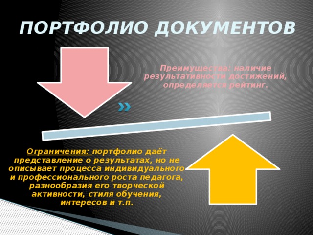 ПОРТФОЛИО ДОКУМЕНТОВ Преимущества: наличие результативности достижений, определяется рейтинг. Ограничения:  портфолио даёт представление о результатах, но не описывает процесса индивидуального и профессионального роста педагога, разнообразия его творческой активности, стиля обучения, интересов и т.п.