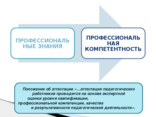 ПРОФЕССИОНАЛЬНЫЕ ЗНАНИЯ ПРОФЕССИОНАЛЬНАЯ КОМПЕТЕНТНОСТЬ  Положение об аттестации «…аттестация педагогических работников проводится на основе экспертной оценки уровня квалификации, профессиональной компетенции, качества и результативности педагогической деятельности».