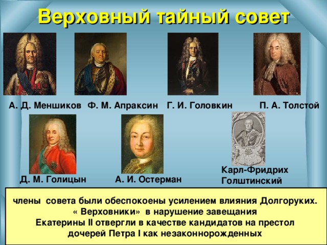 Верховный тайный совет Ф. М. Апраксин А. Д. Меншиков  Г. И. Головкин П. А. Толстой  Карл-Фридрих Голштинский Д. М. Голицын  А. И. Остерман  члены совета были обеспокоены усилением влияния Долгоруких. « Верховники» в нарушение завещания Екатерины II отвергли в качестве кандидатов на престол дочерей Петра I как незаконнорожденных 