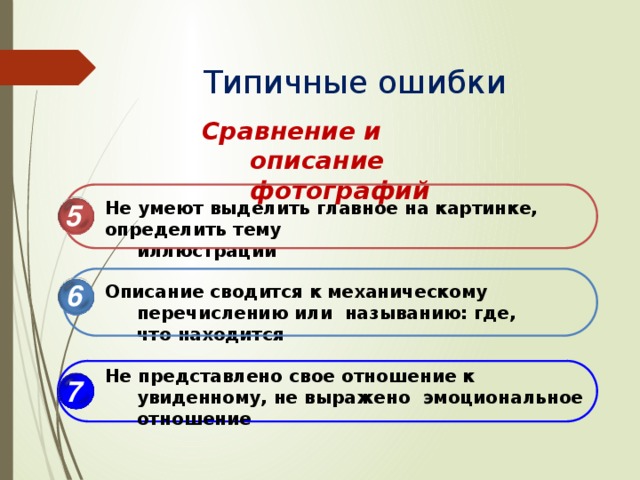 Типичные ошибки Сравнение и  описание фотографий Не умеют выделить главное на картинке, определить  тему иллюстрации 5 6 Описание сводится к механическому перечислению  или называнию: где, что  находится Не представлено свое отношение к увиденному, не  выражено эмоциональное  отношение 7 