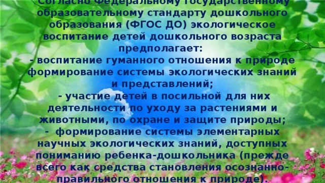  Согласно Федеральному государственному образовательному стандарту дошкольного образования (ФГОС ДО) экологическое воспитание детей дошкольного возраста предполагает:  - воспитание гуманного отношения к природе формирование системы экологических знаний и представлений;  - участие детей в посильной для них деятельности по уходу за растениями и животными, по охране и защите природы;  - формирование системы элементарных научных экологических знаний, доступных пониманию ребенка-дошкольника (прежде всего как средства становления осознанно-правильного отношения к природе). 