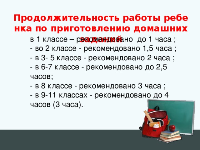 Продолжительность работы ребенка по приготовлению домашних заданий в 1 классе – рекомендовано  до 1 часа ;  - во 2 классе - рекомендовано 1,5 часа ;  - в 3- 5 классе - рекомендовано 2 часа ;  - в 6-7 классе - рекомендовано до 2,5 часов;  - в 8 классе - рекомендовано 3 часа ;  - в 9-11 классах - рекомендовано до 4 часов (3 часа).