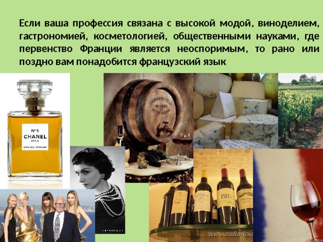 Если ваша профессия связана с высокой модой, виноделием, гастрономией, косметологией, общественными науками, где первенство Франции является неоспоримым, то рано или поздно вам понадобится французский язык 
