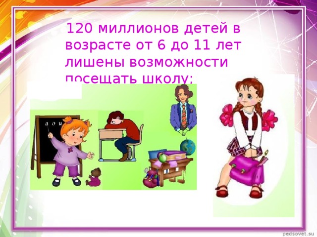  120 миллионов детей в возрасте от 6 до 11 лет лишены возможности посещать школу; 