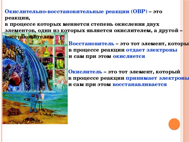 Окислительно-восстановительные реакции (ОВР) – это реакции, в процессе которых меняется степень окисления двух элементов, один из которых является окислителем, а другой – восстановителем Восстановитель – это тот элемент, который в процессе реакции отдает электроны и сам при этом окисляется Окислитель – это тот элемент, который в процессе реакции принимает электроны и сам при этом восстанавливается 