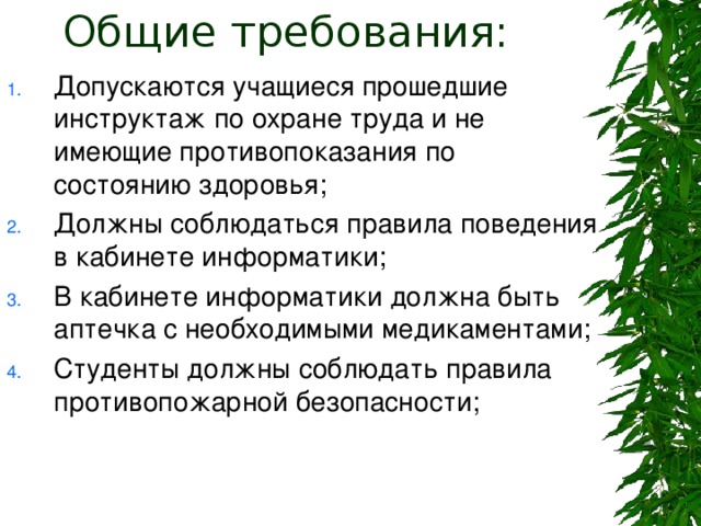 Допускаются учащиеся прошедшие инструктаж по охране труда и не имеющие противопоказания по состоянию здоровья; Должны соблюдаться правила поведения в кабинете информатики; В кабинете информатики должна быть аптечка с необходимыми медикаментами; Студенты должны соблюдать правила противопожарной безопасности; 