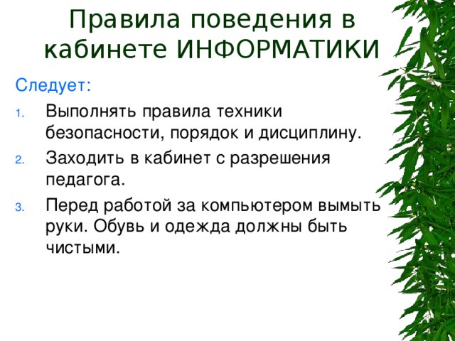 Правила поведения в кабинете ИНФОРМАТИКИ Следует: Выполнять правила техники безопасности, порядок и дисциплину. Заходить в кабинет с разрешения педагога. Перед работой за компьютером вымыть руки. Обувь и одежда должны быть чистыми.  