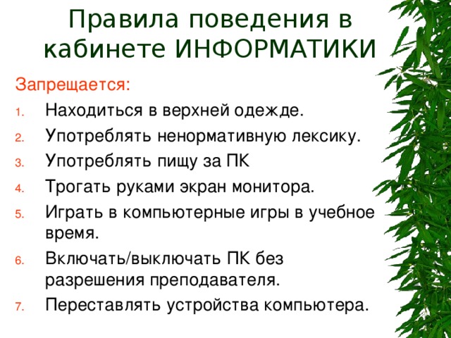 Правила поведения в кабинете ИНФОРМАТИКИ Запрещается: Находиться в верхней одежде. Употреблять ненормативную лексику. Употреблять пищу за ПК Трогать руками экран монитора. Играть в компьютерные игры в учебное время. Включать/выключать ПК без разрешения преподавателя. Переставлять устройства компьютера. 