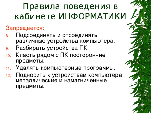 Правила поведения в кабинете ИНФОРМАТИКИ Запрещается: Подсоединять и отсоединять различные устройства компьютера. Разбирать устройства ПК Класть рядом с ПК посторонние предметы. Удалять компьютерные программы. Подносить к устройствам компьютера металлические и намагниченные предметы. 