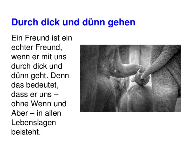 Durch dick und dünn gehen  Ein Freund ist ein echter Freund, wenn er mit uns durch dick und dünn geht. Denn das bedeutet, dass er uns – ohne Wenn und Aber – in allen Lebenslagen beisteht. 