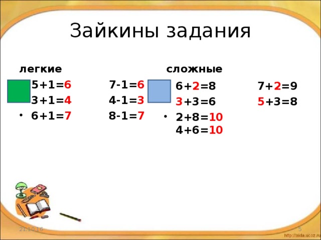 Зайкины задания легкие сложные 5+1= 6 7-1= 6 3+1= 4 4-1= 3 6+1= 7 8-1= 7 6+ 2 =8 7+ 2 =9 3 +3=6 5 +3=8 2+8= 10 4+6= 10 21.10.16