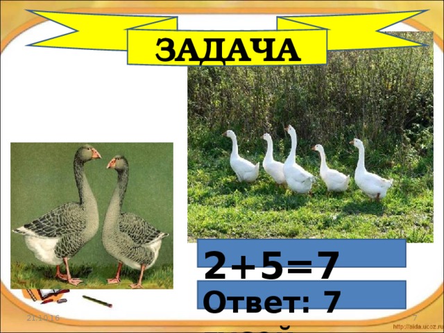 ЗАДАЧА 2+5=7 Ответ: 7 гусей 21.10.16