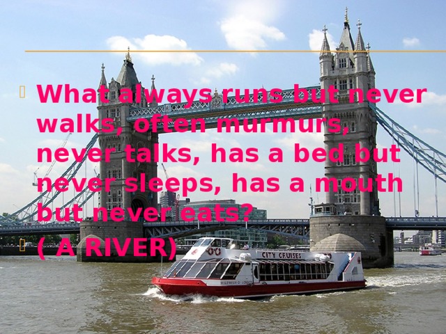 What always runs but never walks, often murmurs, never talks, has a bed but never sleeps, has a mouth but never eats? ( A RIVER) 