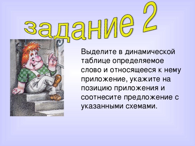 Выделите в динамической таблице определяемое слово и относящееся к нему приложение, укажите на позицию приложения и соотнесите предложение с указанными схемами. 