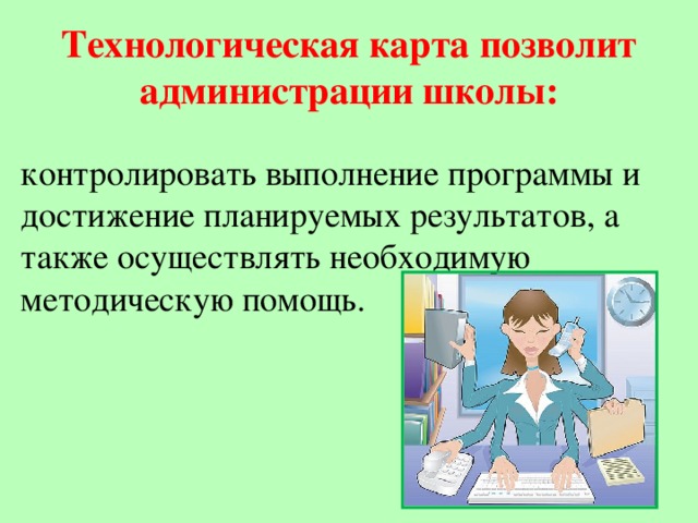 Технологическая карта позволит администрации школы: контролировать выполнение программы и достижение планируемых результатов, а также осуществлять необходимую методическую помощь.   