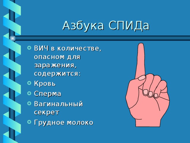 Азбука СПИДа ВИЧ в количестве, опасном для заражения, содержится: Кровь Сперма Вагинальный секрет Грудное молоко 