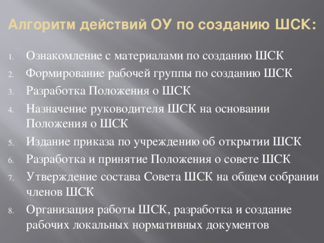 Алгоритм действий ОУ по созданию ШСК: Ознакомление с материалами по созданию ШСК Формирование рабочей группы по созданию ШСК Разработка Положения о ШСК Назначение руководителя ШСК на основании Положения о ШСК Издание приказа по учреждению об открытии ШСК Разработка и принятие Положения о совете ШСК Утверждение состава Совета ШСК на общем собрании членов ШСК Организация работы ШСК, разработка и создание рабочих локальных нормативных документов 