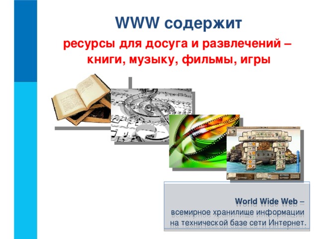 WWW содержит ресурсы для досуга и развлечений –  книги, музыку, фильмы, игры  World Wide Web –  всемирное хранилище информации  на технической базе сети Интернет.