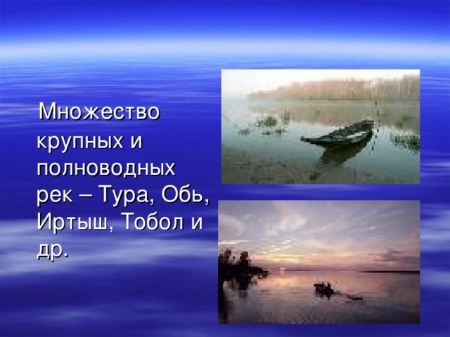  Множество крупных и полноводных рек – Тура, Обь, Иртыш, Тобол и др . 