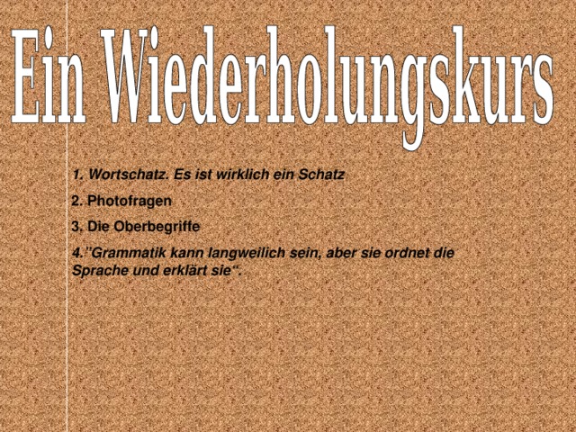 1.  Wortschatz. Es ist wirklich ein Schatz  2. Photofragen 3.  Die Oberbegriffe 4. ”Grammatik kann langweilich sein, aber sie ordnet die Sprache und erklärt sie“. 