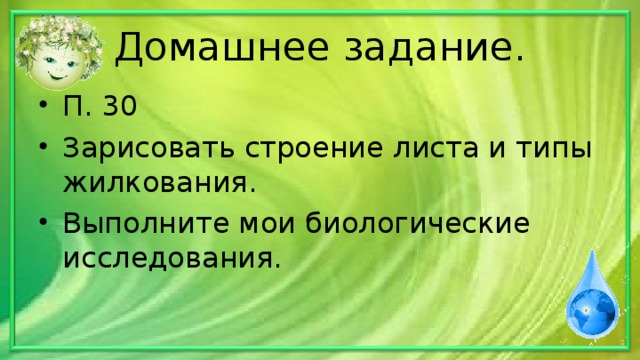 Домашнее задание. П. 30 Зарисовать строение листа и типы жилкования. Выполните мои биологические исследования. 