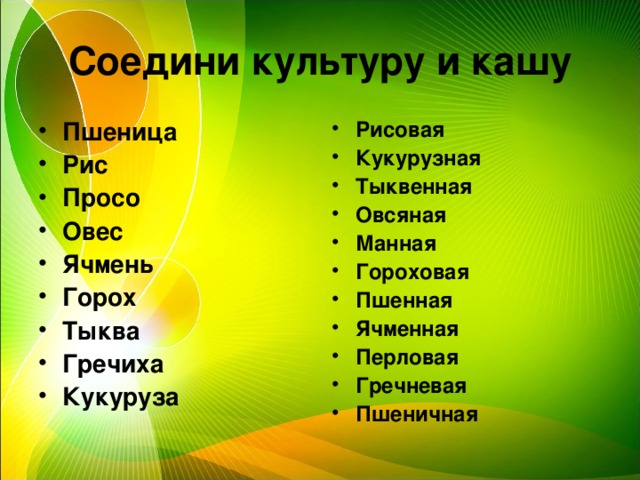 Соедини культуру и кашу Пшеница Рис Просо Овес Ячмень Горох Тыква Гречиха Кукуруза Рисовая Кукурузная Тыквенная Овсяная Манная Гороховая Пшенная Ячменная Перловая Гречневая Пшеничная 