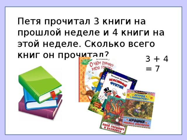 Петя прочитал 3 книги на прошлой неделе и 4 книги на этой неделе. Сколько всего книг он прочитал? 3 + 4 = 7 