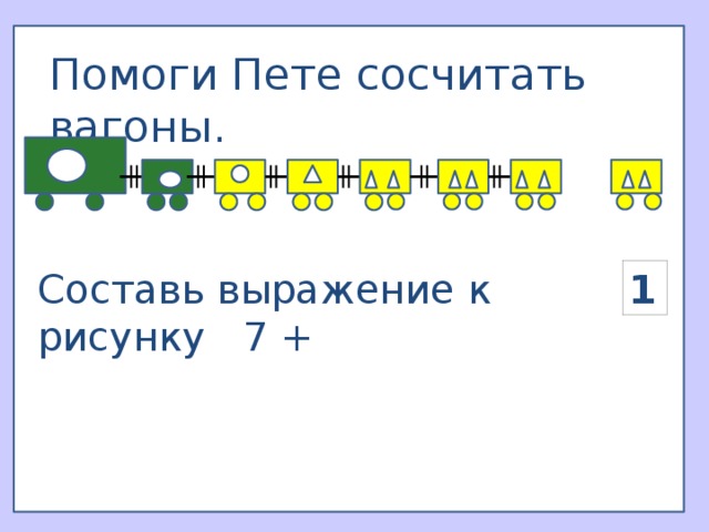 Помоги Пете сосчитать вагоны. Составь выражение к рисунку 7 + 1 