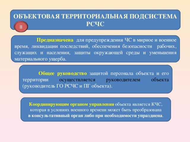ОБЪЕКТОВАЯ ТЕРРИТОРИАЛЬНАЯ ПОДСИСТЕМА РСЧС II  Предназначена  для предупреждения ЧС в мирное и военное время, ликвидации последствий, обеспечения безопасности рабочих, служащих и населения, защиты окружающей среды и уменьшения материального ущерба.  Общее руководство защитой персонала объекта и его территории осуществляется руководителем объекта (руководитель ГО РСЧС и ПГ объекта). Координирующим органом управления объекта является КЧС, которая в условиях военного времени может быть преобразована в консультативный орган либо при необходимости упразднена . 