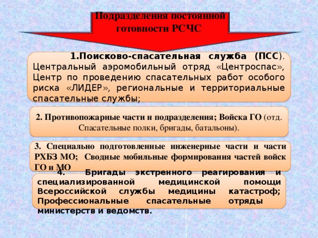Подразделения постоянной готовности РСЧС   1.Поисково-спасательная служба (ПСС ). Центральный аэромобильный отряд «Центроспас», Центр по проведению спасательных работ особого риска «ЛИДЕР», региональные и территориальные спасательные службы; 2. Противопожарные части и подразделения; Войска ГО (отд. Спасательные полки, бригады, батальоны). 3. Специально подготовленные инженерные части и части РХБЗ МО; Сводные мобильные формирования частей войск ГО и МО  4. Бригады экстренного реагирования и специализированной медицинской помощи Всероссийской службы медицины катастроф; Профессиональные спасательные отряды министерств и ведомств. 