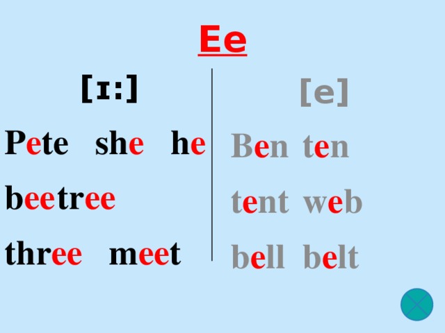 Ee [ɪ:] P e te  sh e h e b ee  tr ee thr ee m ee t   [e] B e n  t e n t e nt  w e b b e ll  b e lt