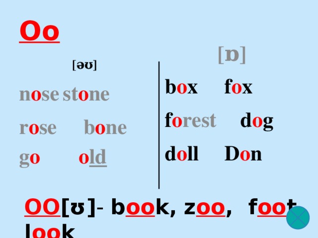 Oo [ ɒ] [əʊ]   n o se  st o ne b o x   f o x r o se b o ne f o rest   d o g g o   o ld d o ll   D o n OO [ʊ] - b oo k,  z oo , f oo t, l oo k