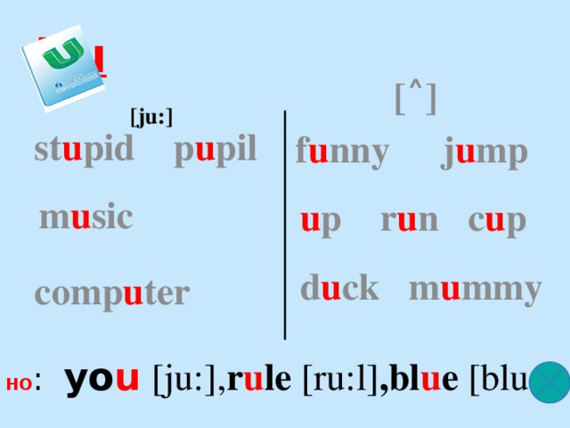 Uu [˄] [ju:]   st u pid p u pil m u sic  f u nny  j u mp u p r u n c u p d u ck m u mmy comp u ter  НО : yo u  [ju:], r u le [ru:l] ,bl u e [blu:]