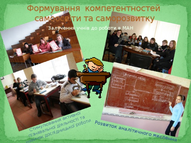 Стимулювання активної пізнавальної діяльності та навичок дослідницької роботи Розвиток аналітичного мислення Формування компетентностей самоосвіти та саморозвитку Залучення учнів до роботи в МАН 