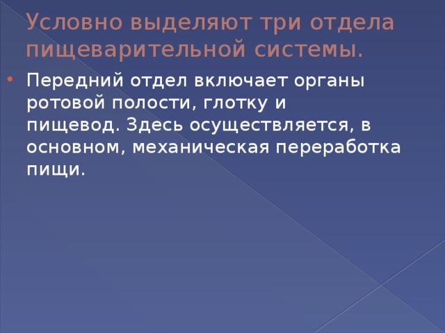 Условно выделяют три отдела пищеварительной системы. Передний отдел включает органы ротовой полости, глотку и пищевод. Здесь осуществляется, в основном, механическая переработка пищи. 