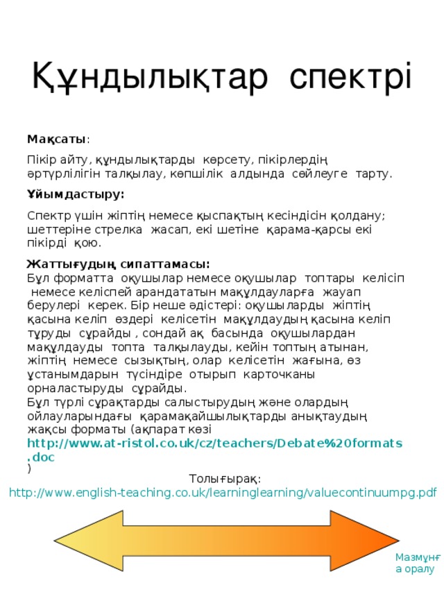 Құндылықтар спектрі Мақсаты : Пікір айту, құндылықтарды көрсету, пікірлердің әртүрлілігін талқылау, көпшілік алдында сөйлеуге тарту. Ұйымдастыру:  Спектр үшін жіптің немесе қыспақтың кесіндісін қолдану; шеттеріне стрелка жасап, екі шетіне қарама-қарсы екі пікірді қою. Жаттығудың сипаттамасы : Бұл форматта оқушылар немесе оқушылар топтары келісіп немесе келіспей арандататын мақұлдауларға жауап берулері керек. Бір неше әдістері: оқушыларды жіптің қасына келіп өздері келісетін мақұлдаудың қасына келіп тұруды сұрайды , сондай ақ басында оқушылардан мақұлдауды топта талқылауды, кейін топтың атынан, жіптің немесе сызықтың, олар келісетін жағына, өз ұстанымдарын түсіндіре отырып карточканы орналастыруды сұрайды.  Бұл түрлі сұрақтарды салыстырудың және олардың ойлауларындағы қарамақайшылықтарды анықтаудың жақсы форматы (ақпарат көзі  http://www.at-ristol.co.uk/cz/teachers/Debate%20formats.doc ) Толығырақ: http://www.english-teaching.co.uk/learninglearning/valuecontinuumpg.pdf  Мазмұнға оралу