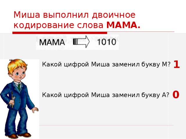 Миша выполнил двоичное кодирование слова МАМА.  1  Какой цифрой Миша заменил букву М? 0  Какой цифрой Миша заменил букву А? 
