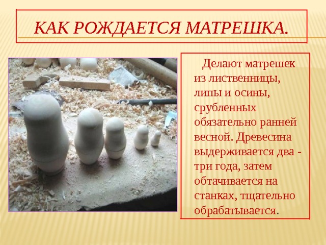 Как рождается матрешка.  Делают матрешек из лиственницы, липы и осины, срубленных обязательно ранней весной. Древесина выдерживается два - три года, затем обтачивается на станках, тщательно обрабатывается . 