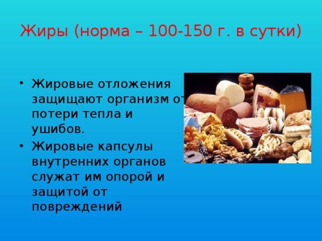 Жиры (норма – 100-150 г. в сутки) Жировые отложения защищают организм от потери тепла и ушибов. Жировые капсулы внутренних органов служат им опорой и защитой от повреждений 