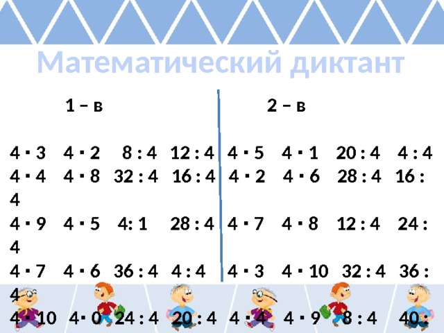 Математический диктант  1 – в 2 – в  4 ∙ 3 4 ∙ 2 8 : 4 12 : 4 4 ∙ 5 4 ∙ 1 20 : 4 4 : 4 4 ∙ 4 4 ∙ 8 32 : 4 16 : 4 4 ∙ 2 4 ∙ 6 28 : 4 16 : 4 4 ∙ 9 4 ∙ 5 4: 1 28 : 4 4 ∙ 7 4 ∙ 8 12 : 4 24 : 4 4 ∙ 7 4 ∙ 6 36 : 4 4 : 4 4 ∙ 3 4 ∙ 10 32 : 4 36 : 4 4 ∙ 10 4∙ 0 24 : 4 20 : 4 4 ∙ 4 4 ∙ 9 8 : 4 40 : 4 