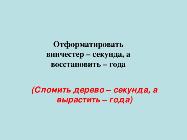Отформатировать винчестер – секунда, а восстановить – года (Сломить дерево  –  секунда, а вырастить  –  года) 
