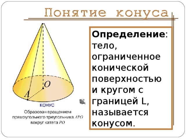 Определение : тело, ограниченное конической поверхностью и кругом с границей L ,  называется конусом .