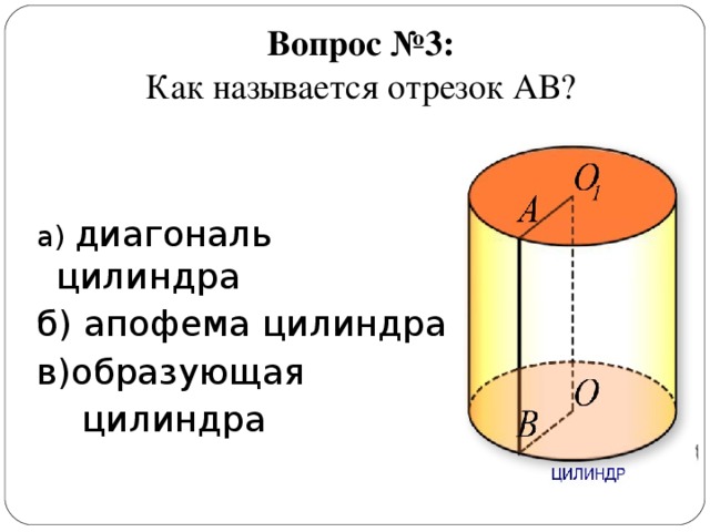 Вопрос  №3:  Как называется отрезок АВ? а) диагональ цилиндра б) апофема цилиндра в)образующая  цилиндра