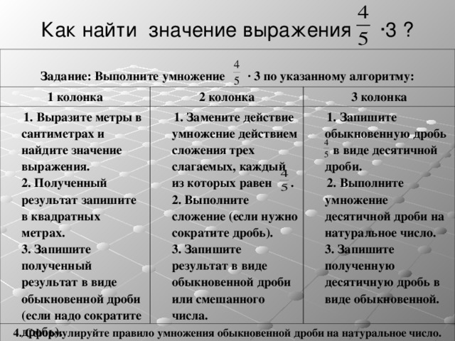 Как найти значение выражения ·3 ?  Задание: Выполните умножение · 3 по указанному алгоритму: 1 колонка 2 колонка  1. Выразите метры в сантиметрах и найдите значение выражения.  2. Полученный результат запишите в квадратных метрах.  3. Запишите полученный результат в виде обыкновенной дроби (если надо сократите дробь). 3 колонка  1. Замените действие умножение действием сложения трех слагаемых, каждый из которых равен .  2. Выполните сложение (если нужно сократите дробь).  3. Запишите результат в виде обыкновенной дроби или смешанного числа. 4. Сформулируйте правило умножения обыкновенной дроби на натуральное число.  1. Запишите обыкновенную дробь  в виде десятичной дроби.  2. Выполните умножение десятичной дроби на натуральное число.  3. Запишите полученную десятичную дробь в виде обыкновенной. 