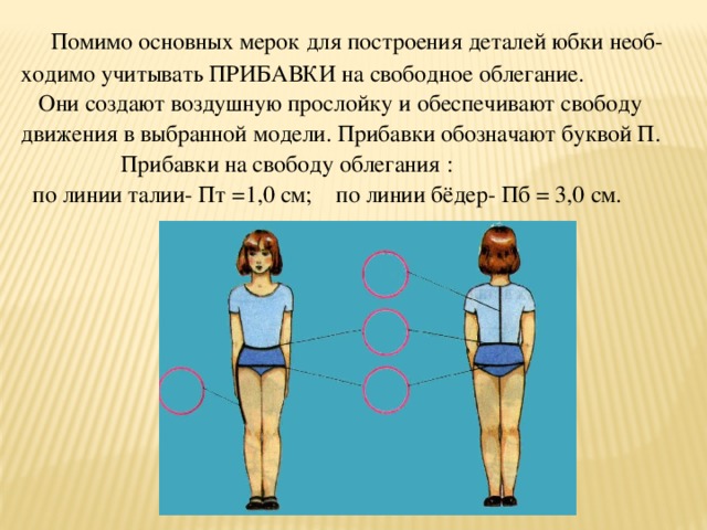 Помимо основных мерок для построения деталей юбки необ- ходимо учитывать ПРИБАВКИ на свободное облегание.  Они создают воздушную прослойку и обеспечивают свободу движения в выбранной модели. Прибавки обозначают буквой П.  Прибавки на свободу облегания :  по линии талии- Пт =1,0 см; по линии бёдер- Пб = 3,0 см.