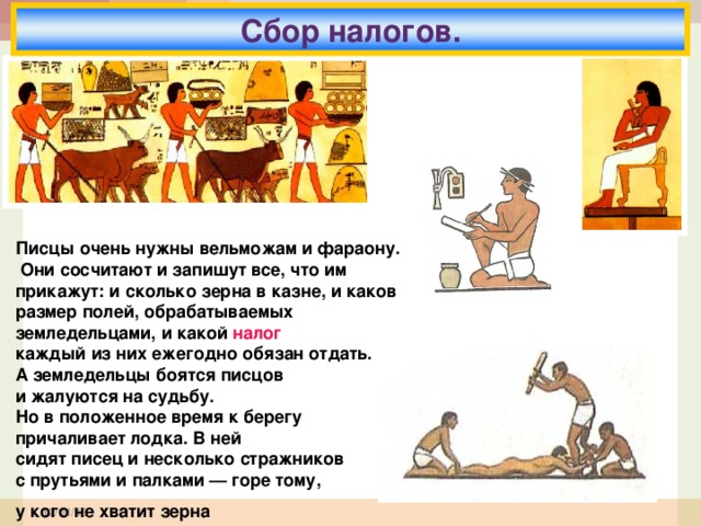 Сбор налогов. Писцы очень нужны вельможам и фараону.  Они сосчитают и запишут все, что им прикажут: и сколько зерна в казне, и каков размер полей, обрабатываемых земледельцами, и какой налог  каждый из них ежегодно обязан отдать. А земледельцы боятся писцов и жалуются на судьбу. Но в положенное время к берегу причаливает лодка. В ней сидят писец и несколько стражников с прутьями и палками — горе тому, у кого не хватит зерна  12/01/16 