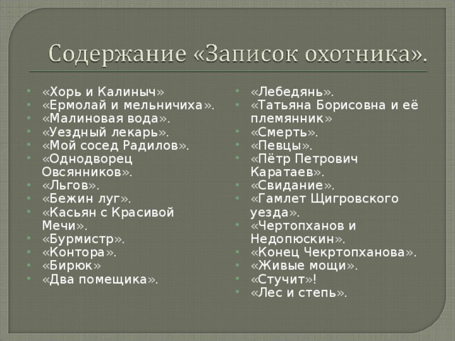 «Хорь и Калиныч» «Ермолай и мельничиха». «Малиновая вода». «Уездный лекарь». «Мой сосед Радилов». «Однодворец Овсянников». «Льгов». «Бежин луг». «Касьян с Красивой Мечи». «Бурмистр». «Контора». «Бирюк» «Два помещика».  «Лебедянь». «Татьяна Борисовна и её племянник» «Смерть». «Певцы». «Пётр Петрович Каратаев». «Свидание». «Гамлет Щигровского уезда». «Чертопханов и Недопюскин». «Конец Чекртопханова». «Живые мощи». «Стучит»! «Лес и степь».   